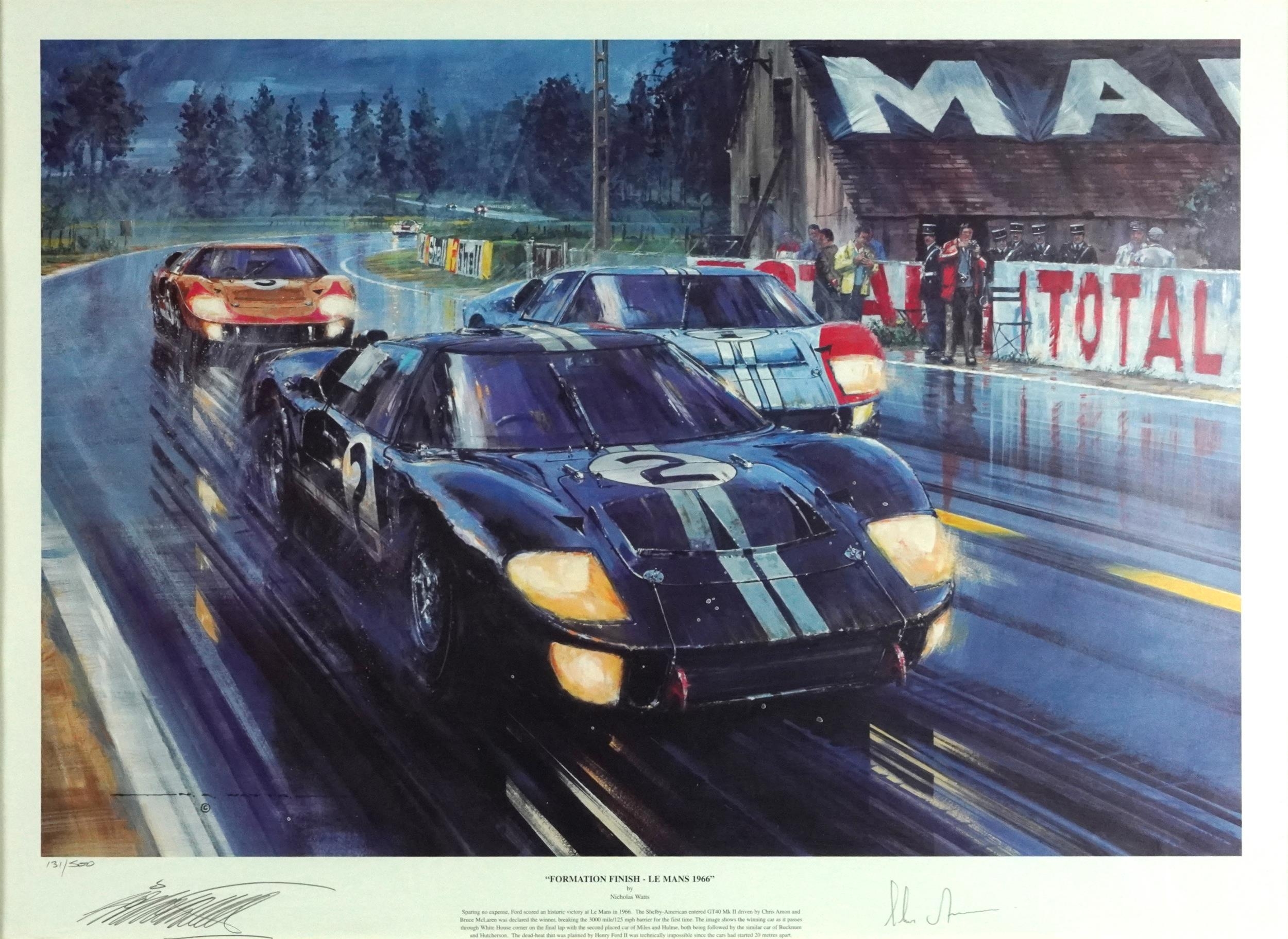 Nicholas Watts - Formation Finish-Le Mans 1966, automobilia interest print in colour, signed by