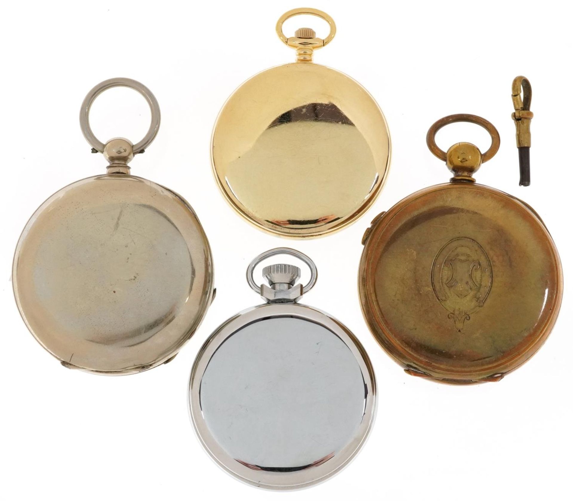 Four gentlemen's open face pocket watches including a chronograph pocket watch engraved Exhibition - Image 2 of 5