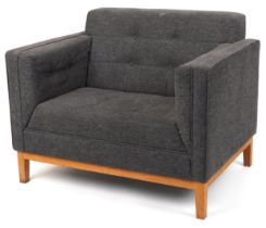 Frovi, contemporary lightwood framed easy tub chair with grey button back upholstery, 83cm H x 106cm