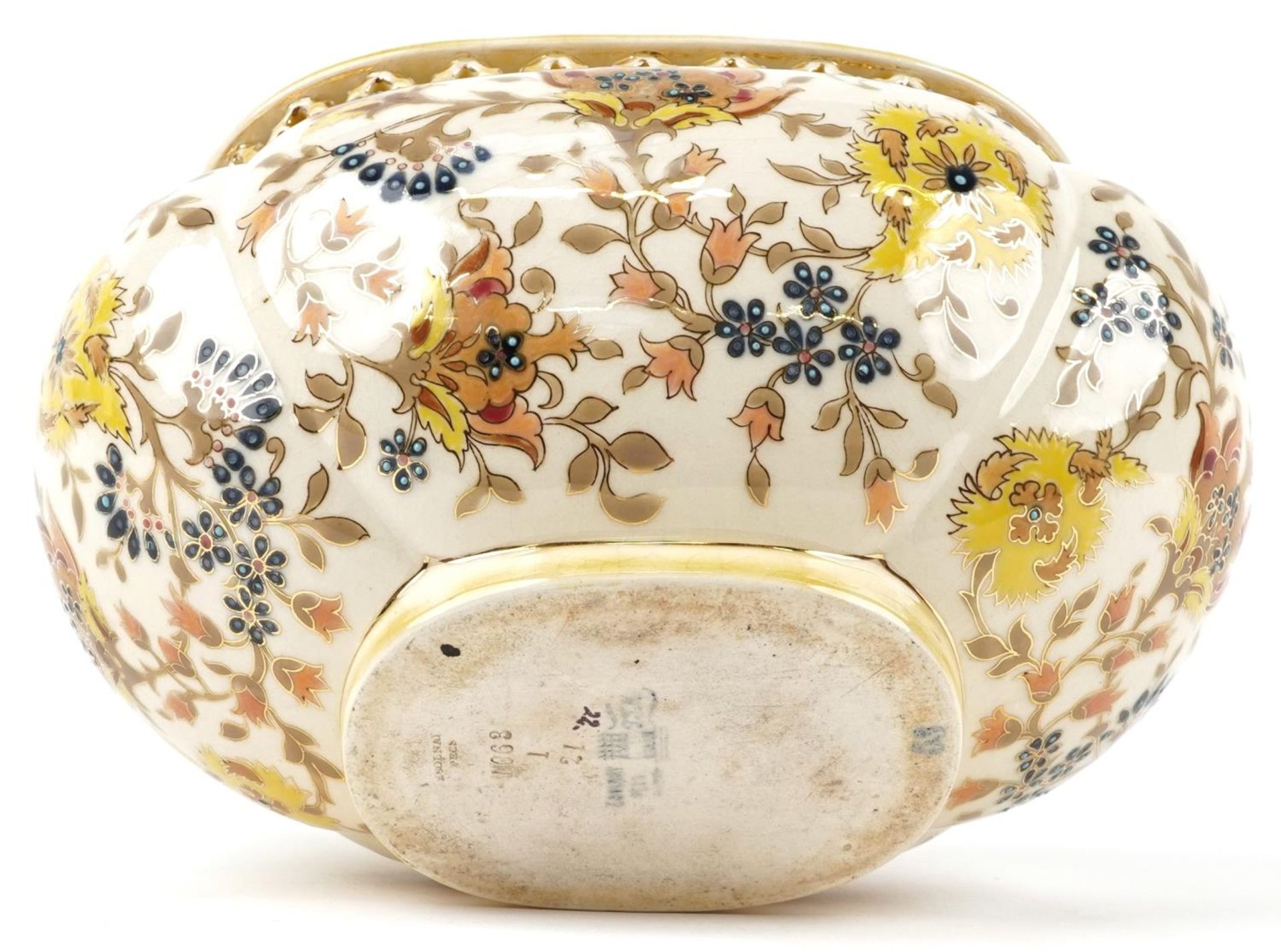 Zsolnay Pecs, Hungarian jardiniere with pierced border hand painted and gilded with flowers, - Image 3 of 4