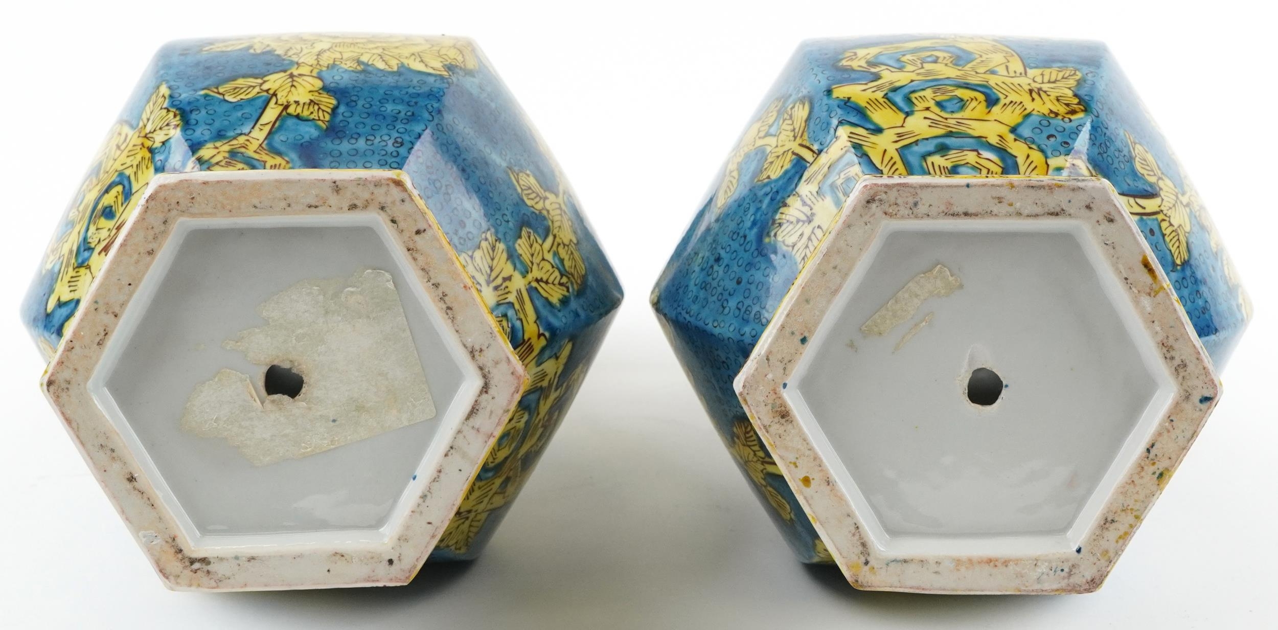 Pair of Chinese porcelain hexagonal blue ground vases hand painted with flowers, each 40cm high - Image 6 of 6