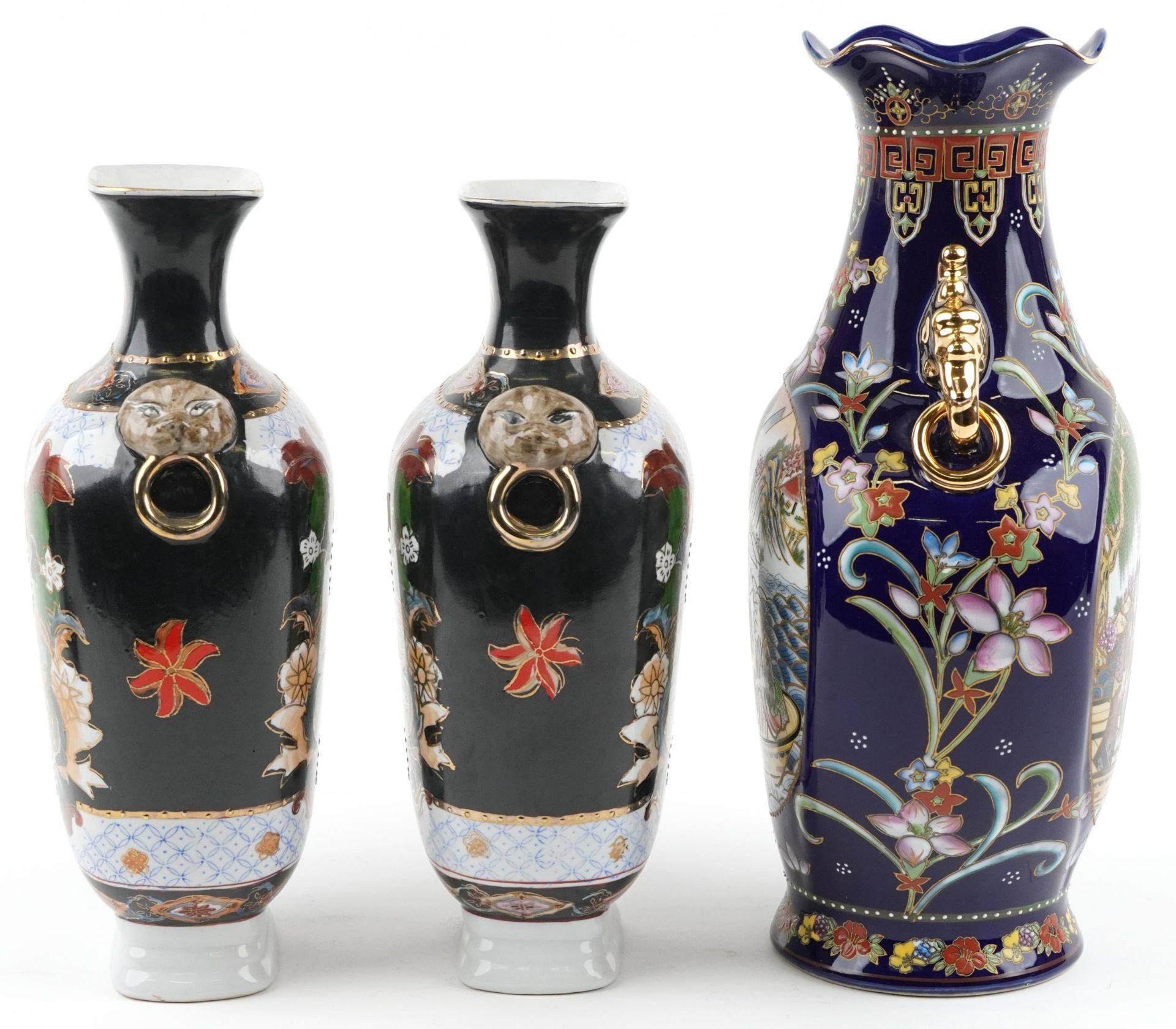 Three Chinese porcelain vases comprising blue ground example decorated with panels of figures in - Image 2 of 6