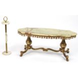 Ornate onyx and gilt brass centre table and a similar smoker's stand, the largest 44cm H x 105cm W x