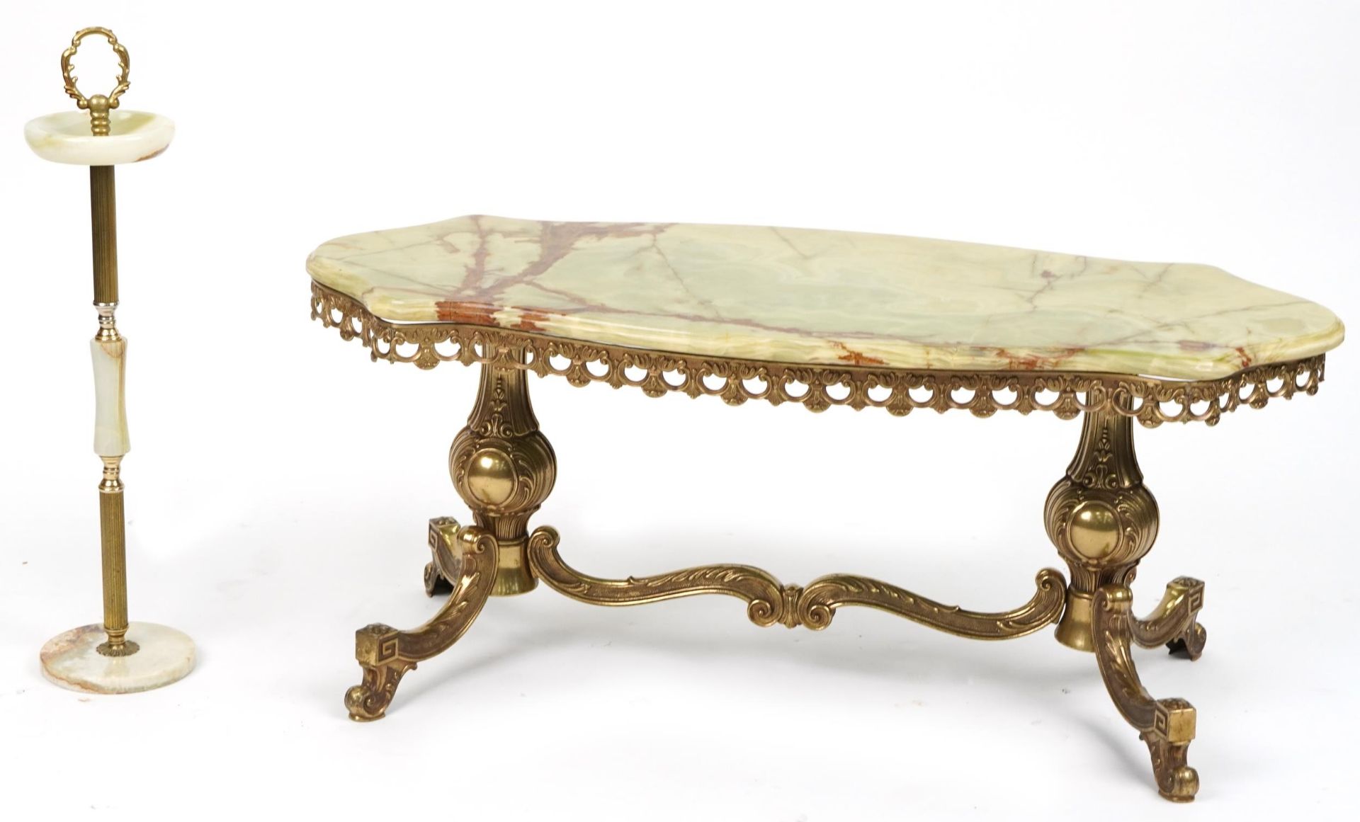 Ornate onyx and gilt brass centre table and a similar smoker's stand, the largest 44cm H x 105cm W x