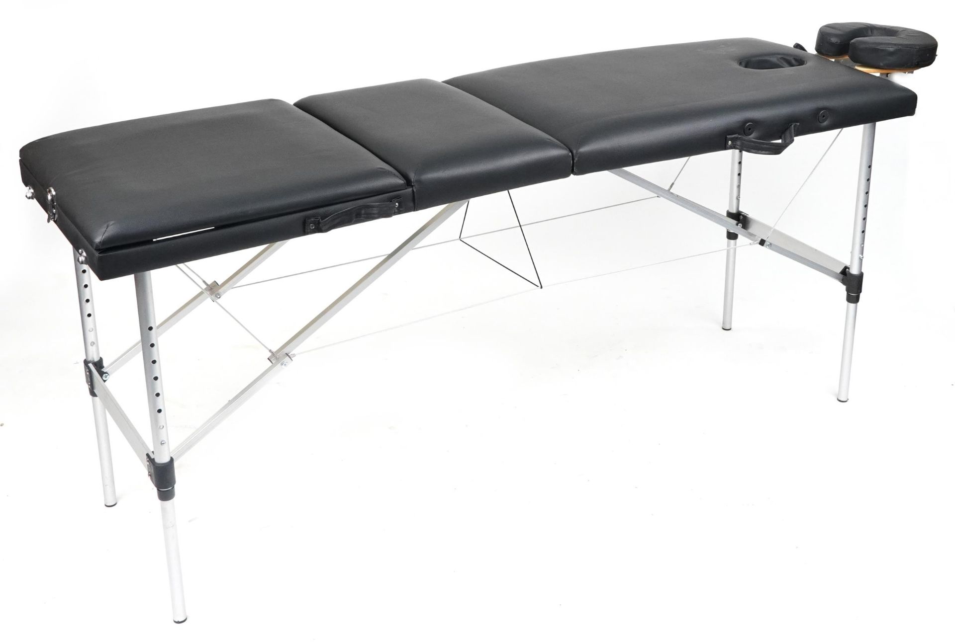 Folding aluminium and black leatherette massage table with protective bag, 83cm H x 184cm W x 59cm D