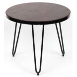 Industrial circular hardwood and wrought iron occasional table with hairpin legs, 53.5cm high x 61cm