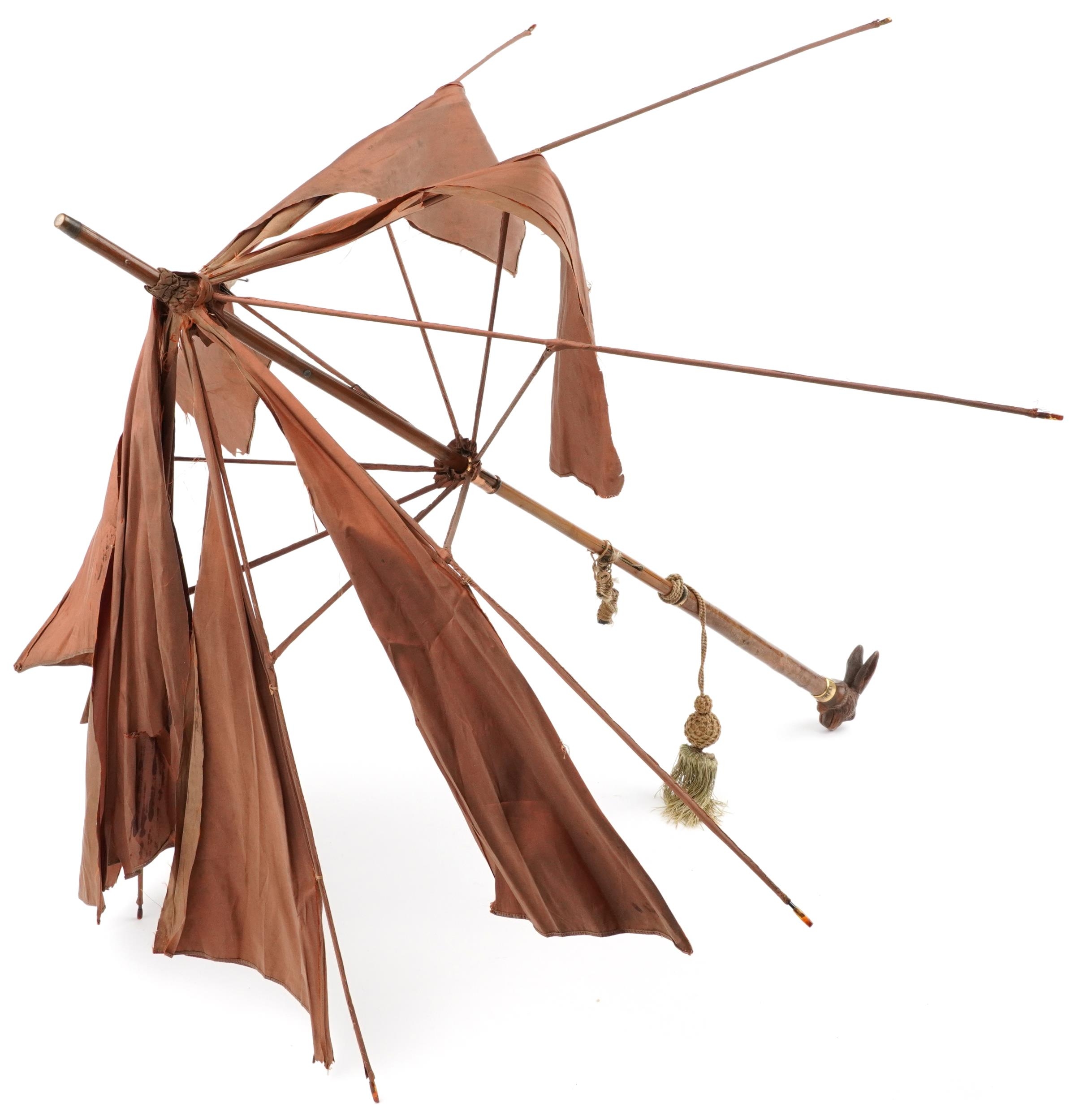 Late 19th century gnarled wood parasol with carved Black Forest hare design mechanical open and - Image 4 of 5