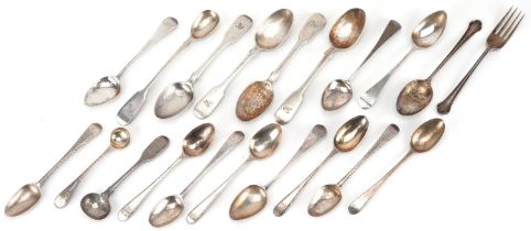 Georgian and later silver spoons and a silver fork, the largest 15cm in length, total 315.0g
