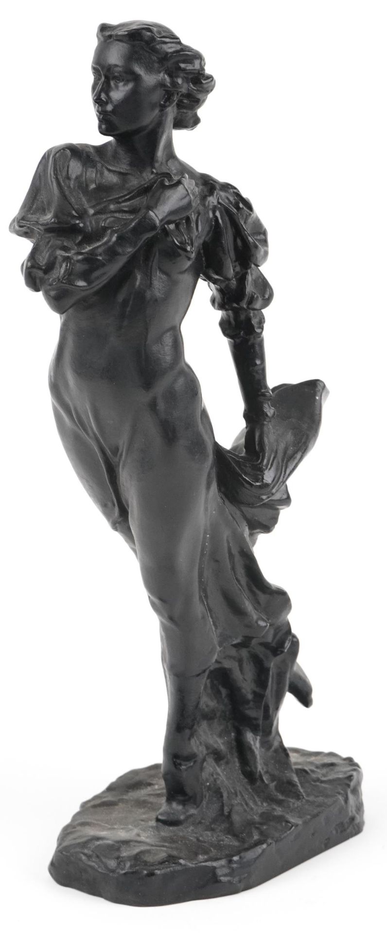 1970s Russian cast iron statuette of a female wearing a flowing dress, Cyrillic script and dated