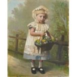 Portrait of a young girl wearing a white bonnet holding a basket of flowers beside a fence,