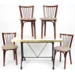 Contemporary rectangular bistro or dining table with four mahogany chairs with cushioned seats,