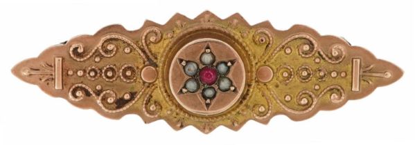 Victorian aesthetic 9ct rose gold seed pearl and red stone brooch, 4cm wide, 1.8g