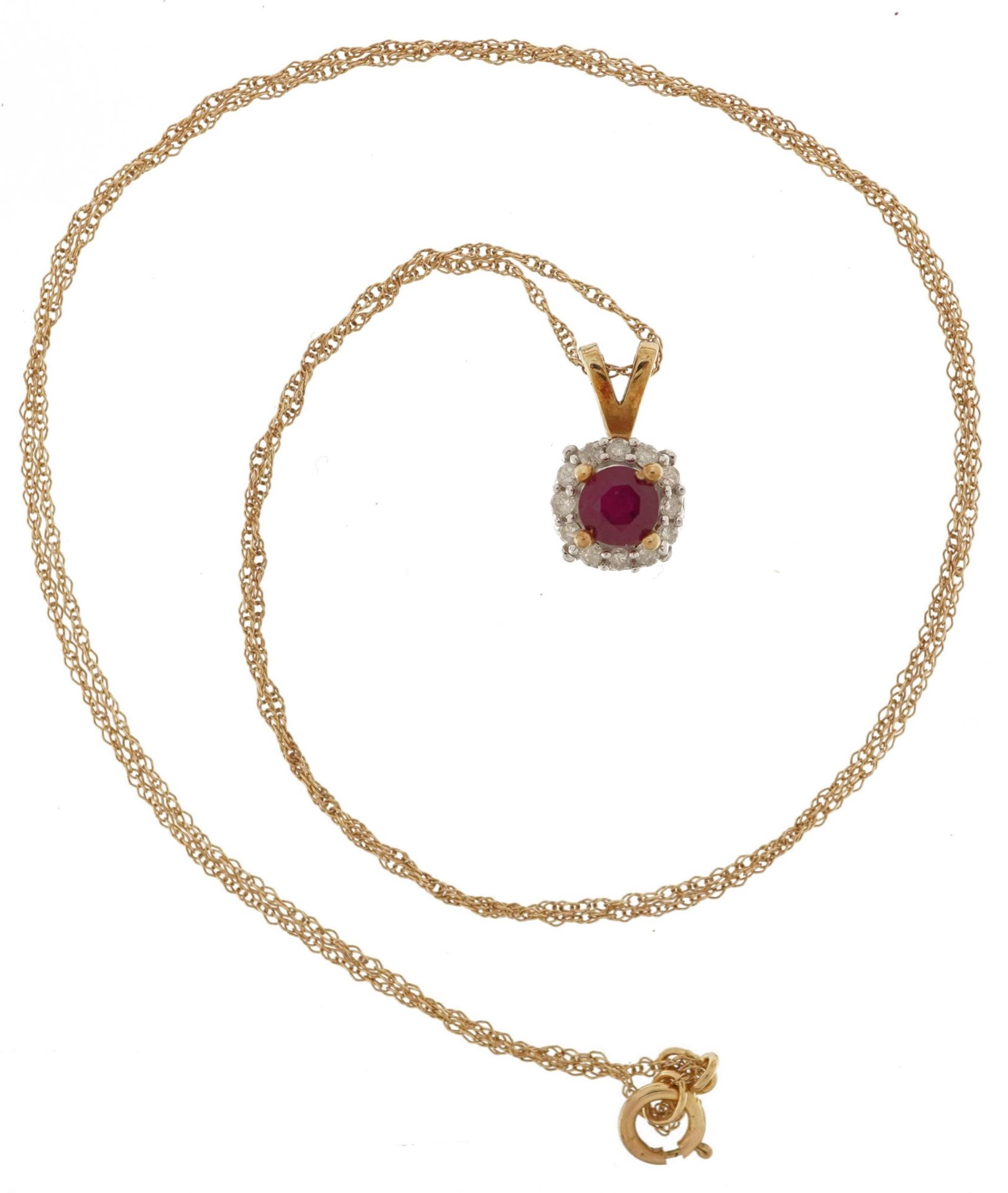 9ct gold ruby and diamond pendant on a 9ct gold necklace, the ruby approximately 3.90mm in - Image 2 of 4