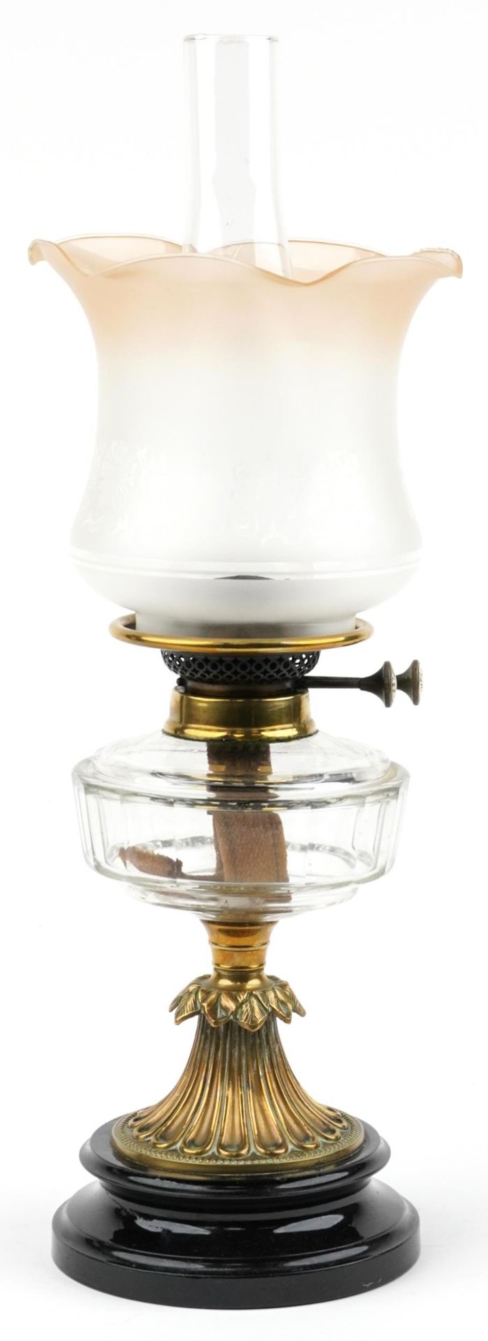 Victorian brass and glass oil lamp with Duplex burner and frosted shade, 55cm high - Image 2 of 3
