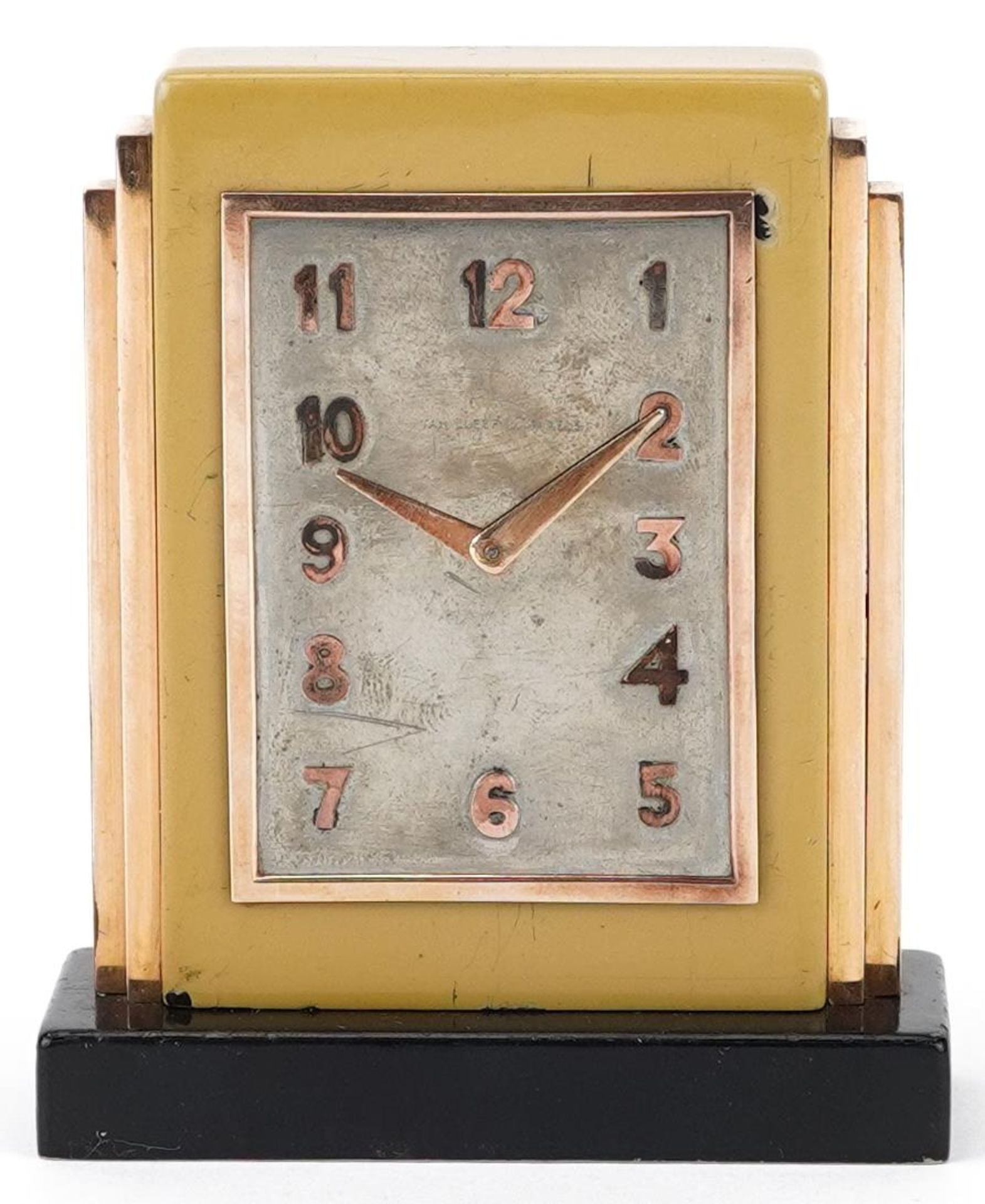 Van Cleef & Arpels, French Art Deco gold mounted and enamel travel clock with stepped shoulders