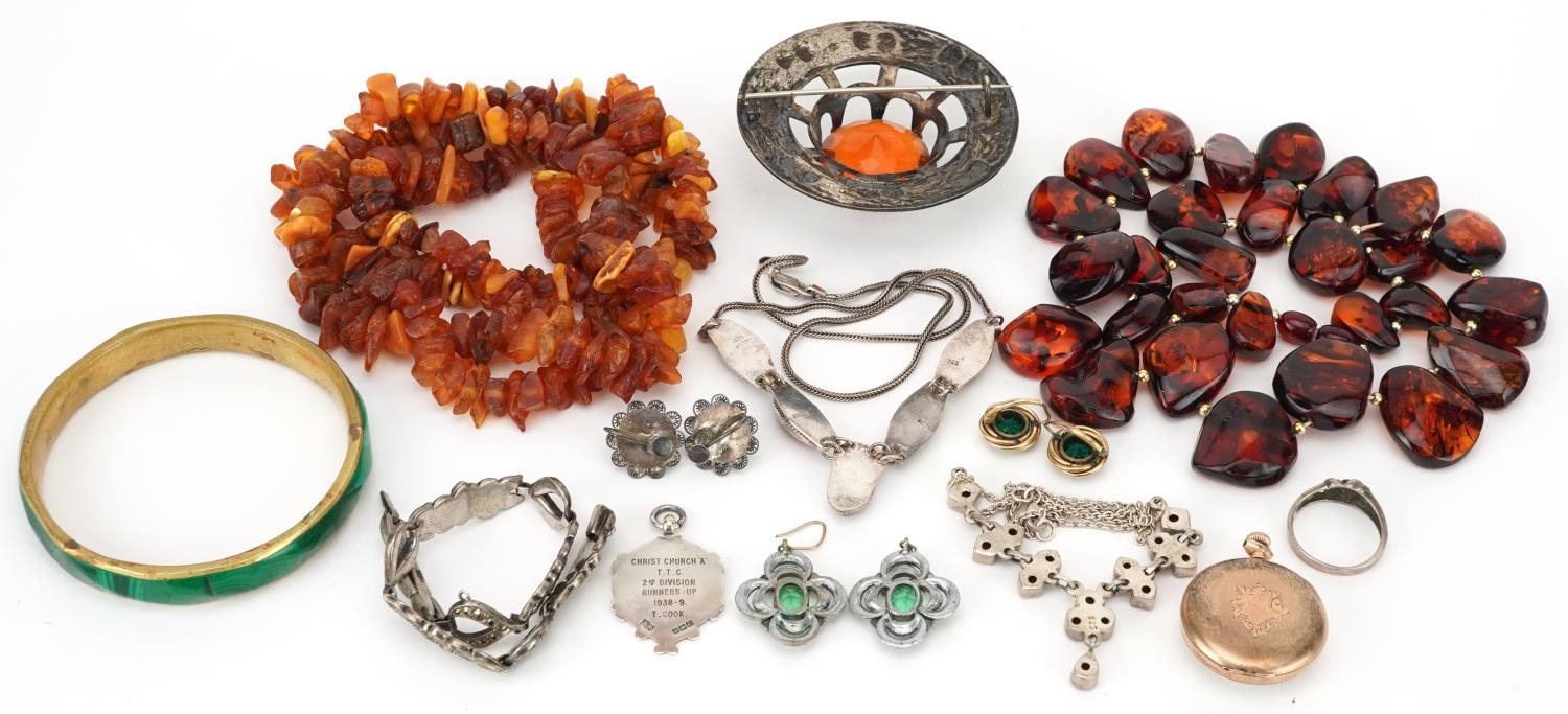 Antique and later jewellery, some silver including amber necklaces, antique style green and clear - Image 4 of 4