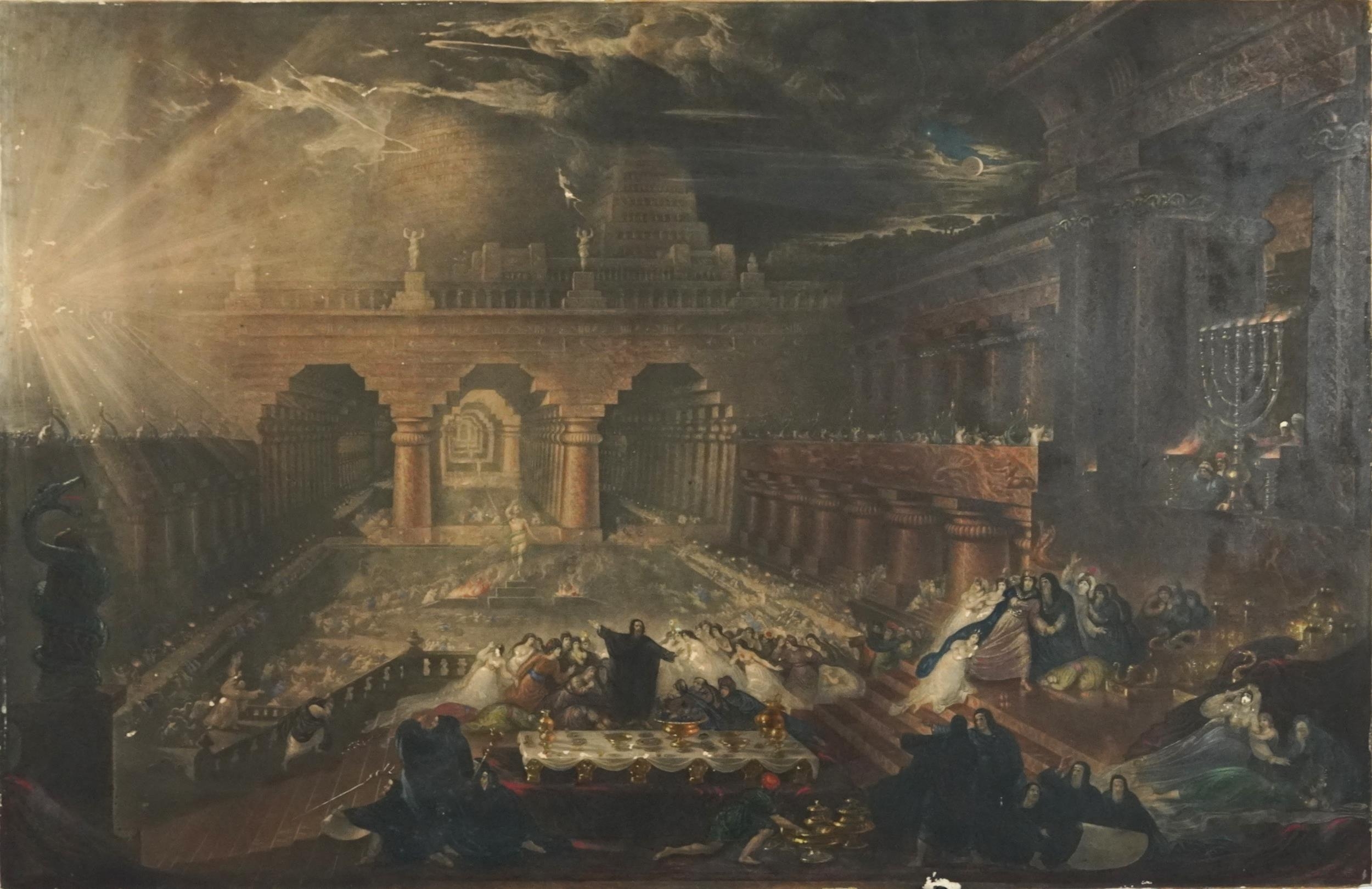 After John Martin - Belshazzar's Feast and The Fall of Nineveh, 19th century coloured engraving,