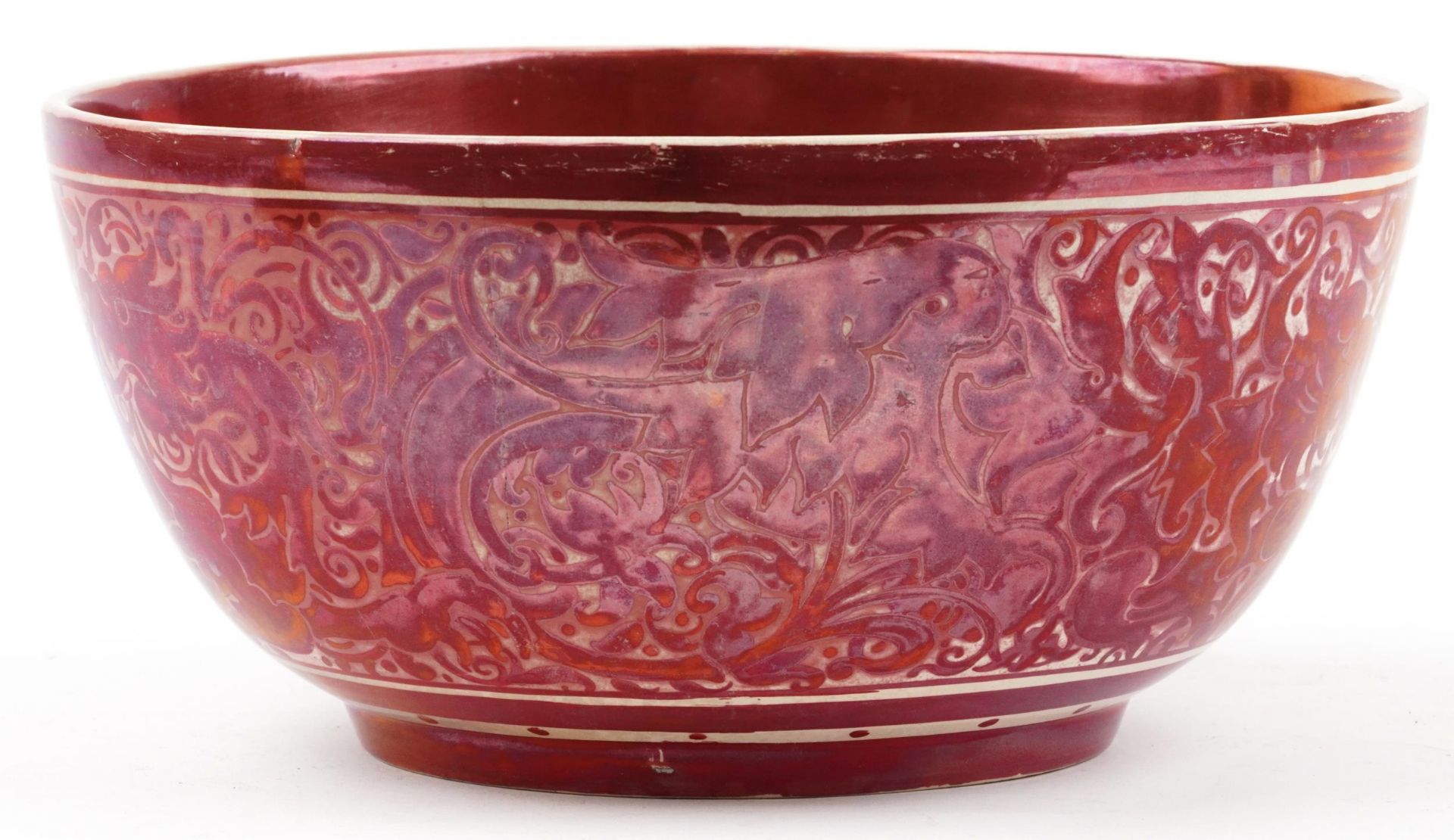 William De Morgan, large Arts & Crafts ruby lustre bowl hand painted with stylised griffins