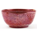 William De Morgan, large Arts & Crafts ruby lustre bowl hand painted with stylised griffins