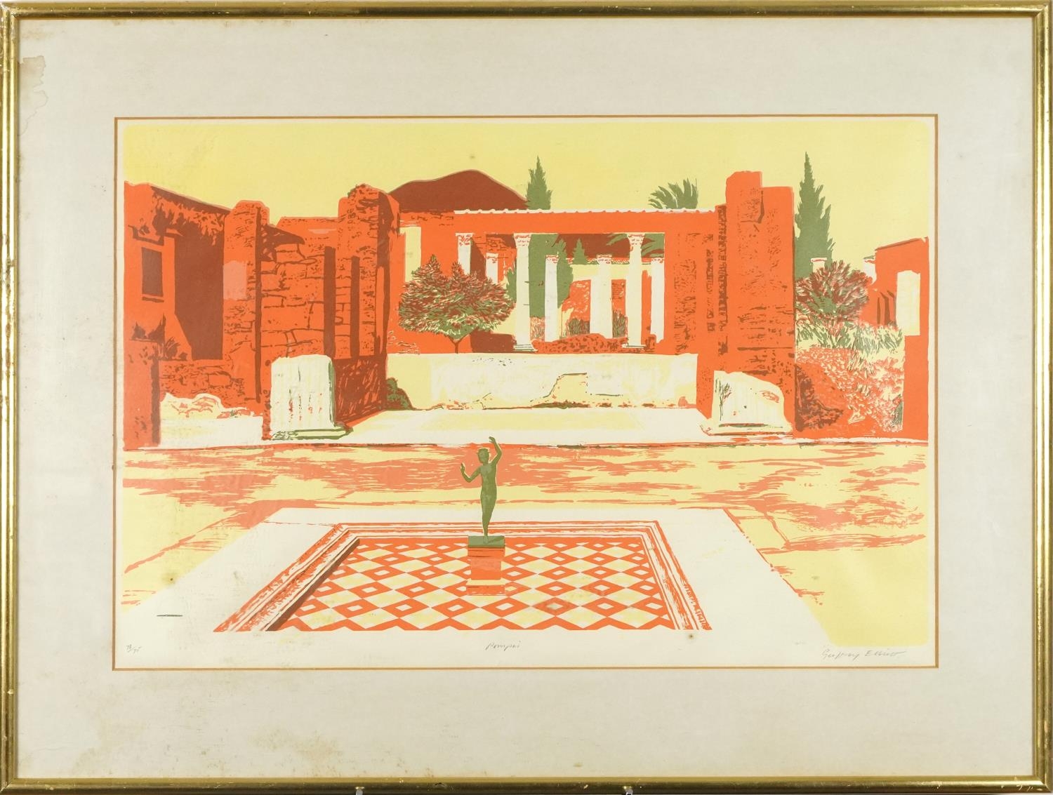 Geoffrey Elliott - Pompeii, pencil signed print in colour, mounted framed and glazed, 66cm x 45. - Image 2 of 4