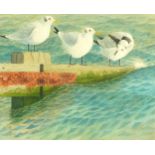 Martin Jenner 1989 - Kittiwakes at Rest, wildlife interest watercolour, mounted, framed and