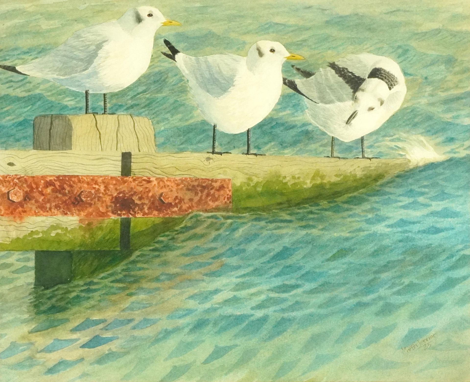 Martin Jenner 1989 - Kittiwakes at Rest, wildlife interest watercolour, mounted, framed and