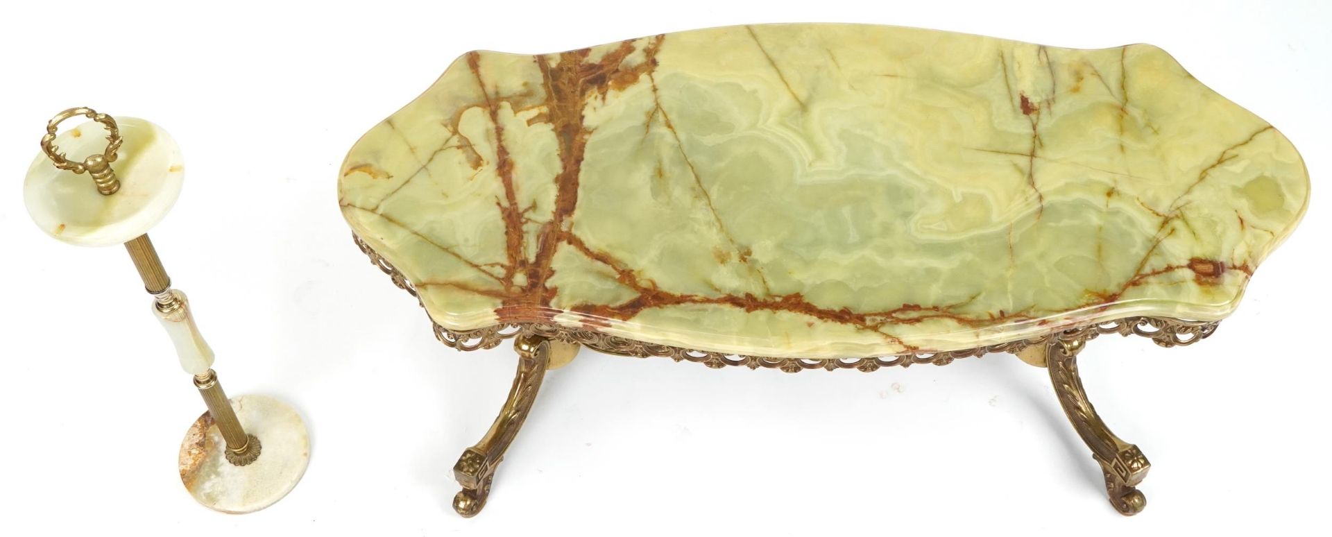 Ornate onyx and gilt brass centre table and a similar smoker's stand, the largest 44cm H x 105cm W x - Image 2 of 3