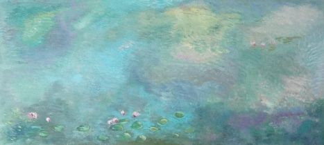 Clive Fredriksson after Claude Monet - Lili pads on calm water, Impressionist oil on board, mounted,