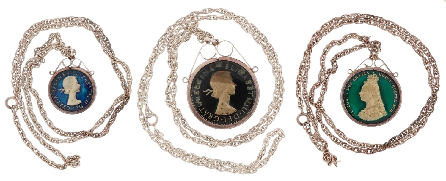 Three silver mounted enamel coin pendants on silver necklaces comprising two shillings, one shilling - Image 3 of 3