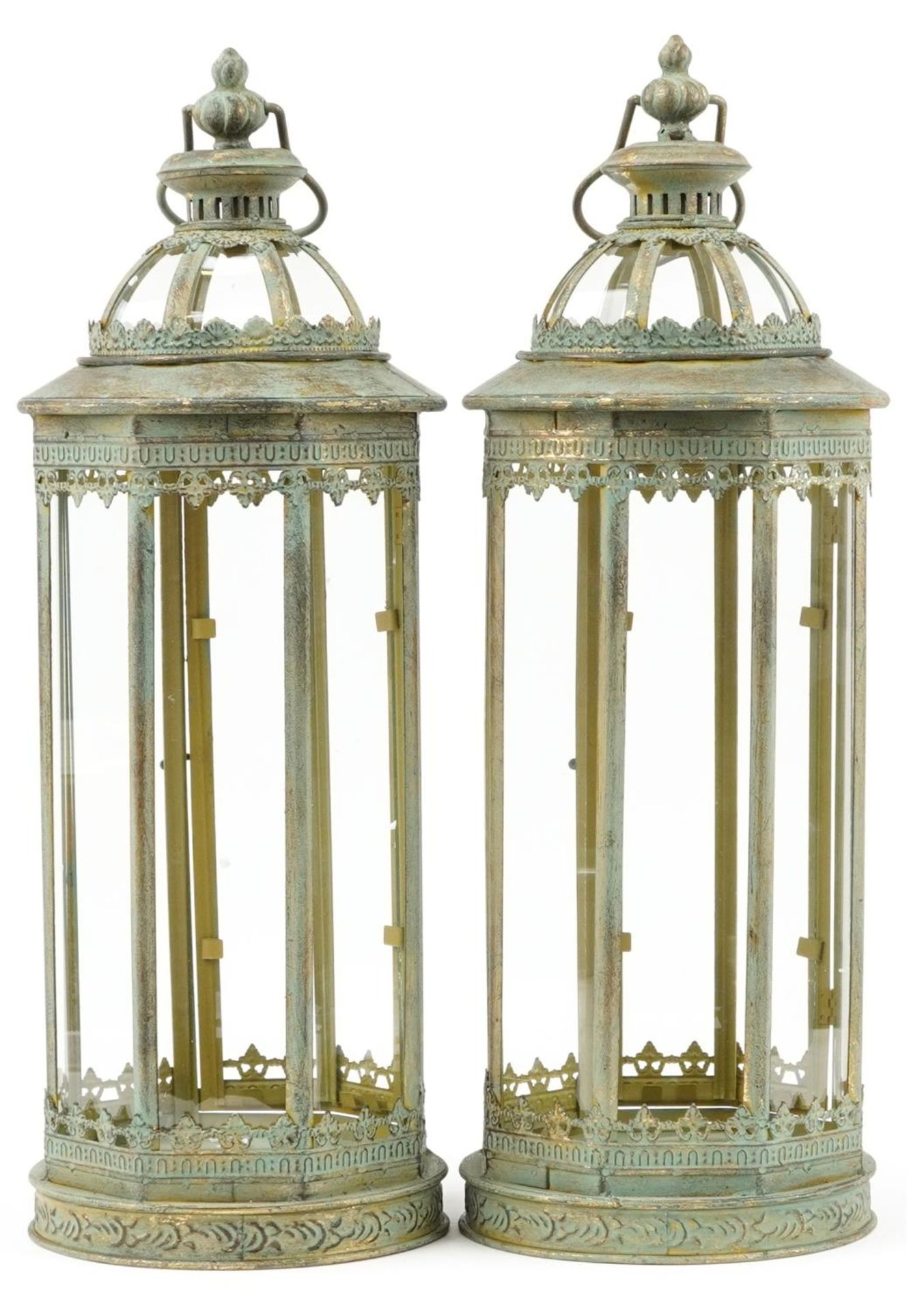 Large pair of partially gilt bronzed hanging lanterns with glass panels, 59cm high