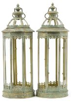 Large pair of partially gilt bronzed hanging lanterns with glass panels, 59cm high