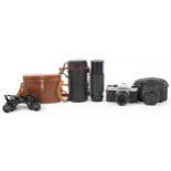 Cameras and binoculars with cases comprising Carl Zeiss Jena Sportur 6 x 24, Pentax Asahi K 1000 and