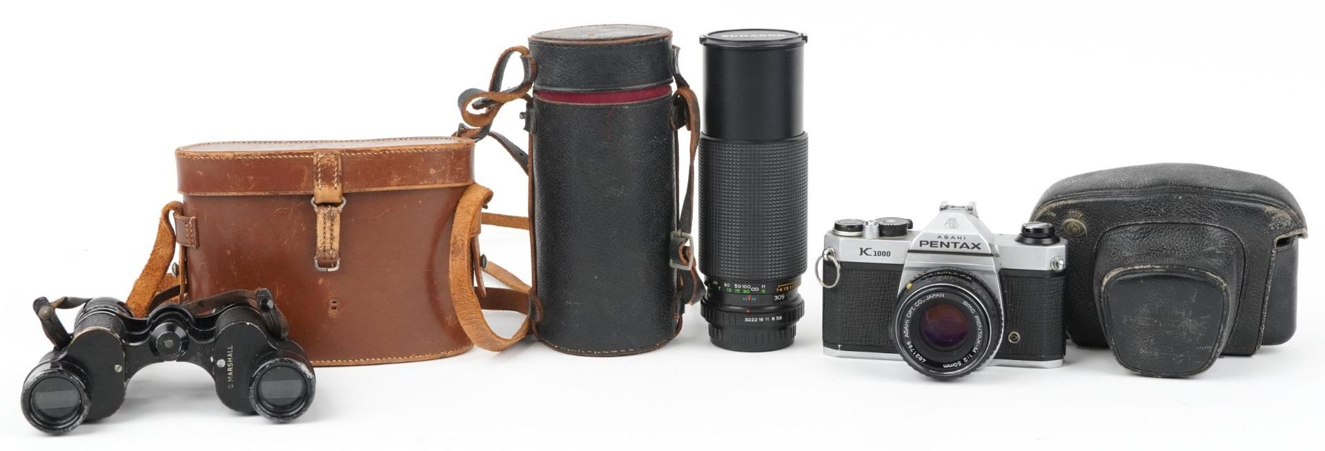 Cameras and binoculars with cases comprising Carl Zeiss Jena Sportur 6 x 24, Pentax Asahi K 1000 and