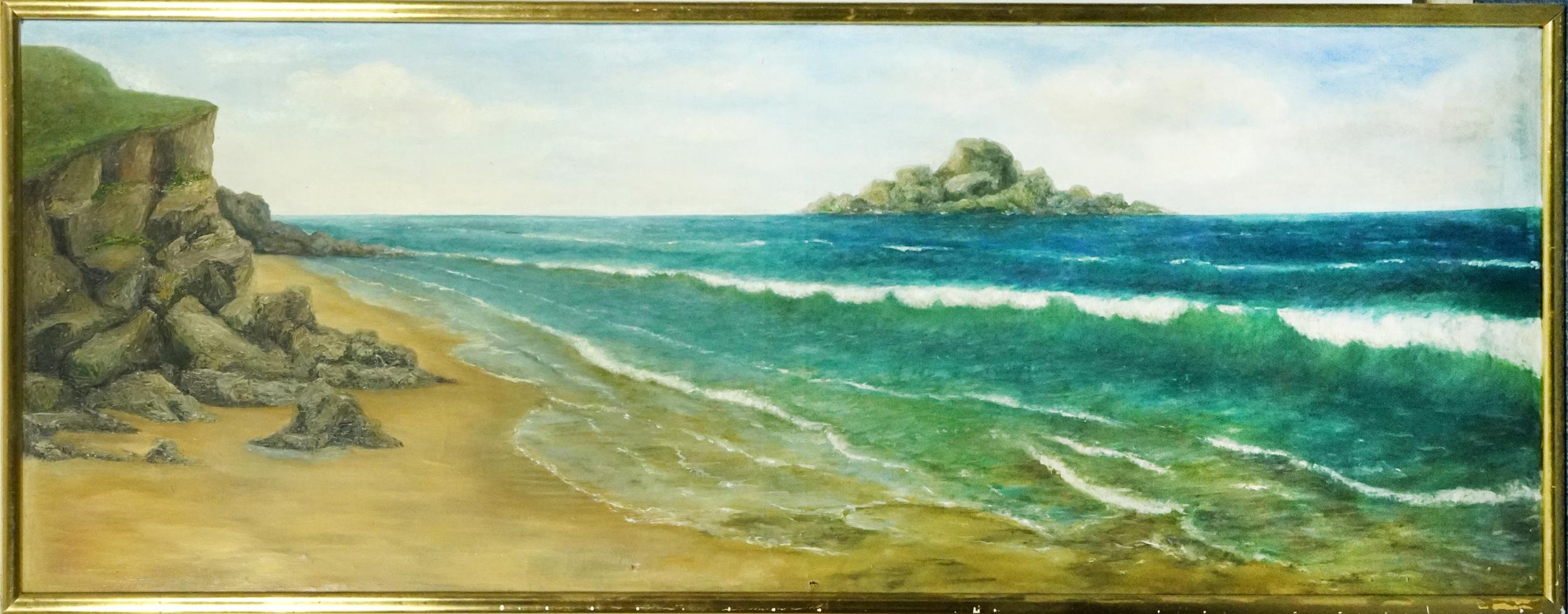 Panoramic coastal scene, early 20th century oil on canvas, framed, 167cm x 60.5cm excluding the - Image 2 of 3