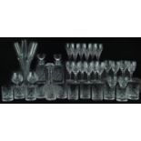 Glassware including Boyne Valley tumblers, three decanters and set of six Champagne flutes, the