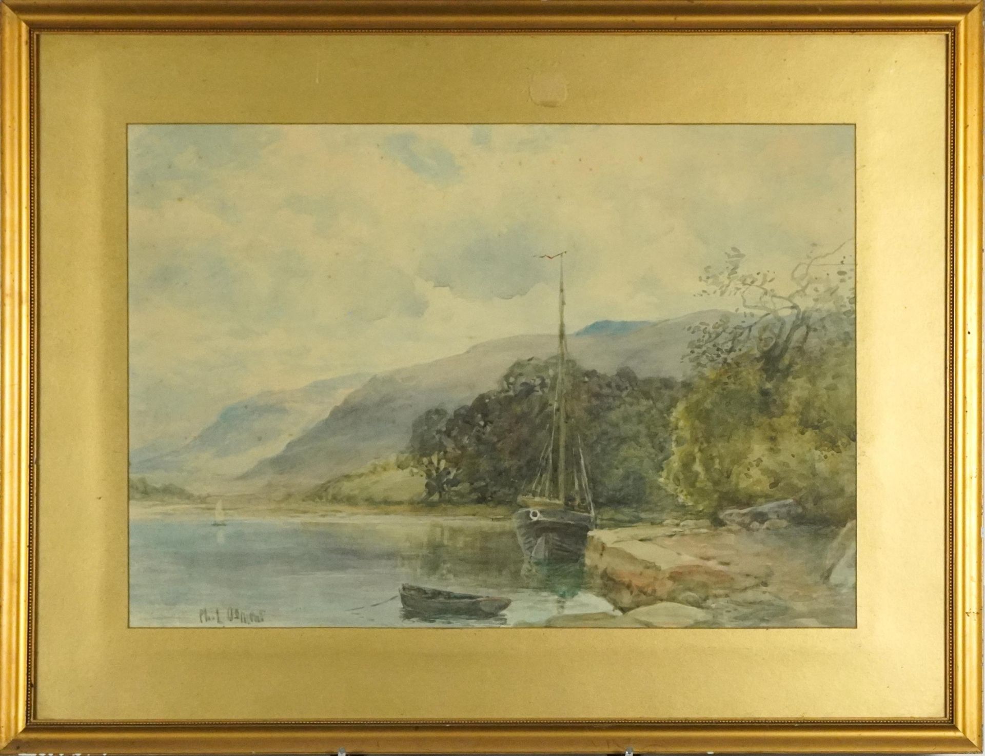 Philip Osment - River with moored boats before mountains, early 20th century watercolour, mounted, - Image 2 of 4