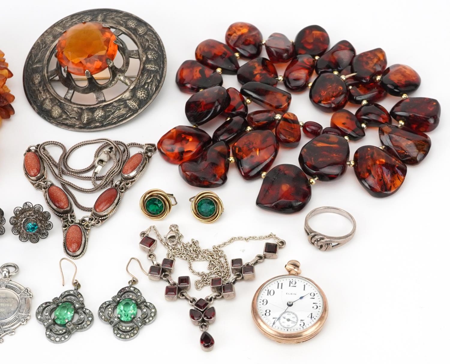 Antique and later jewellery, some silver including amber necklaces, antique style green and clear - Image 3 of 4