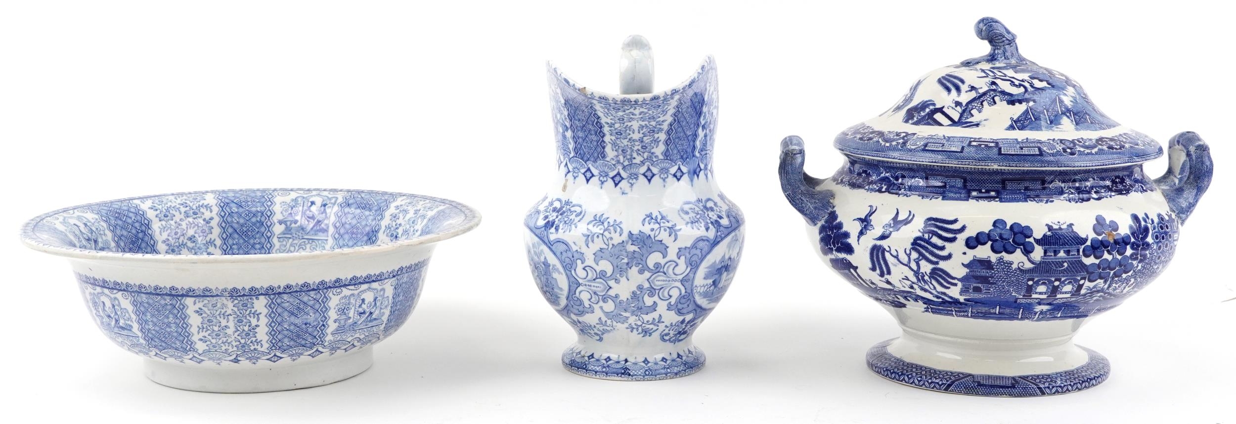 Victorian blue and white wash jug and basin, transfer printed in the Tyrolienne pattern and a - Image 4 of 10