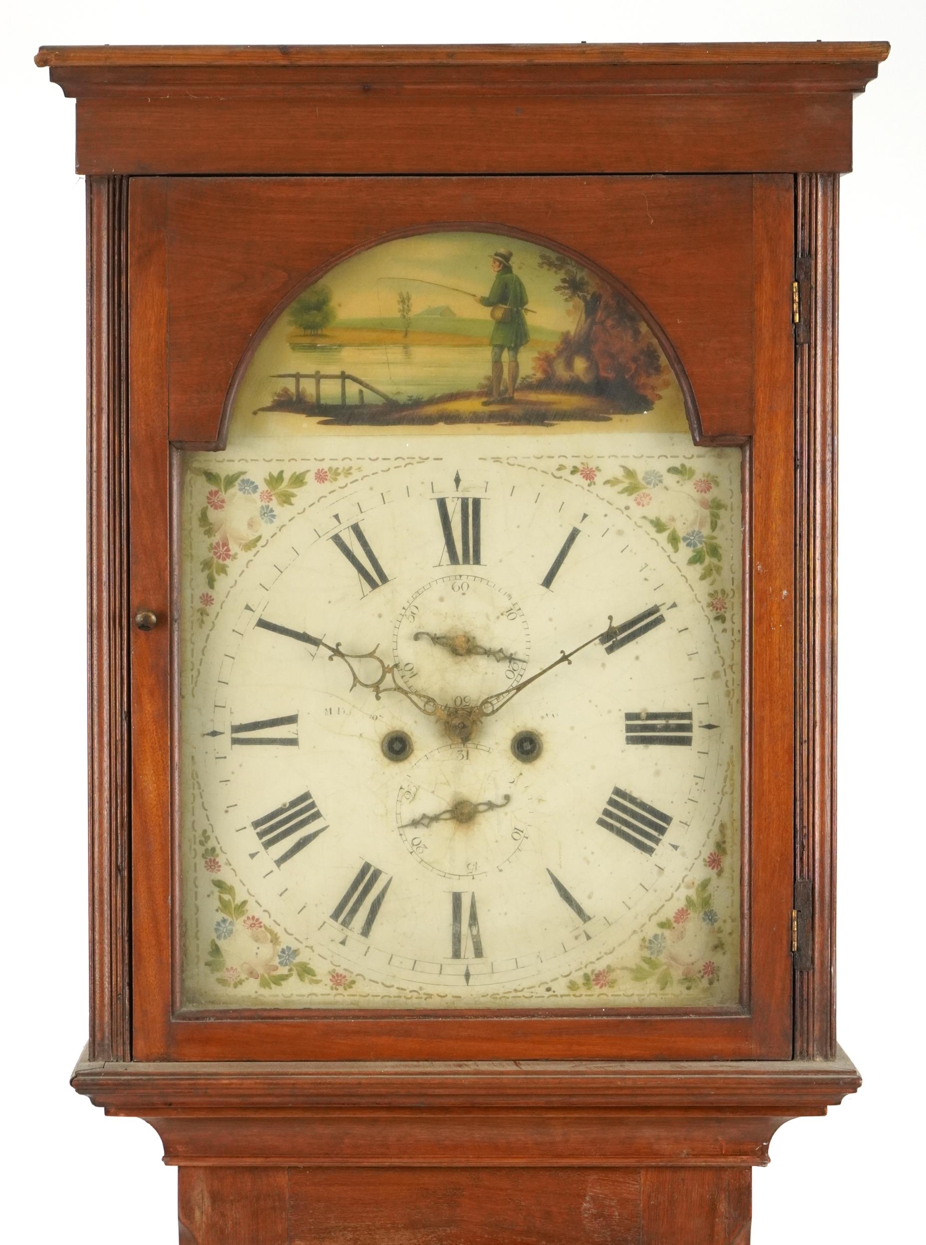 19th century mahogany longcase clock with enamelled face hand painted with a fisherman having a - Image 2 of 6