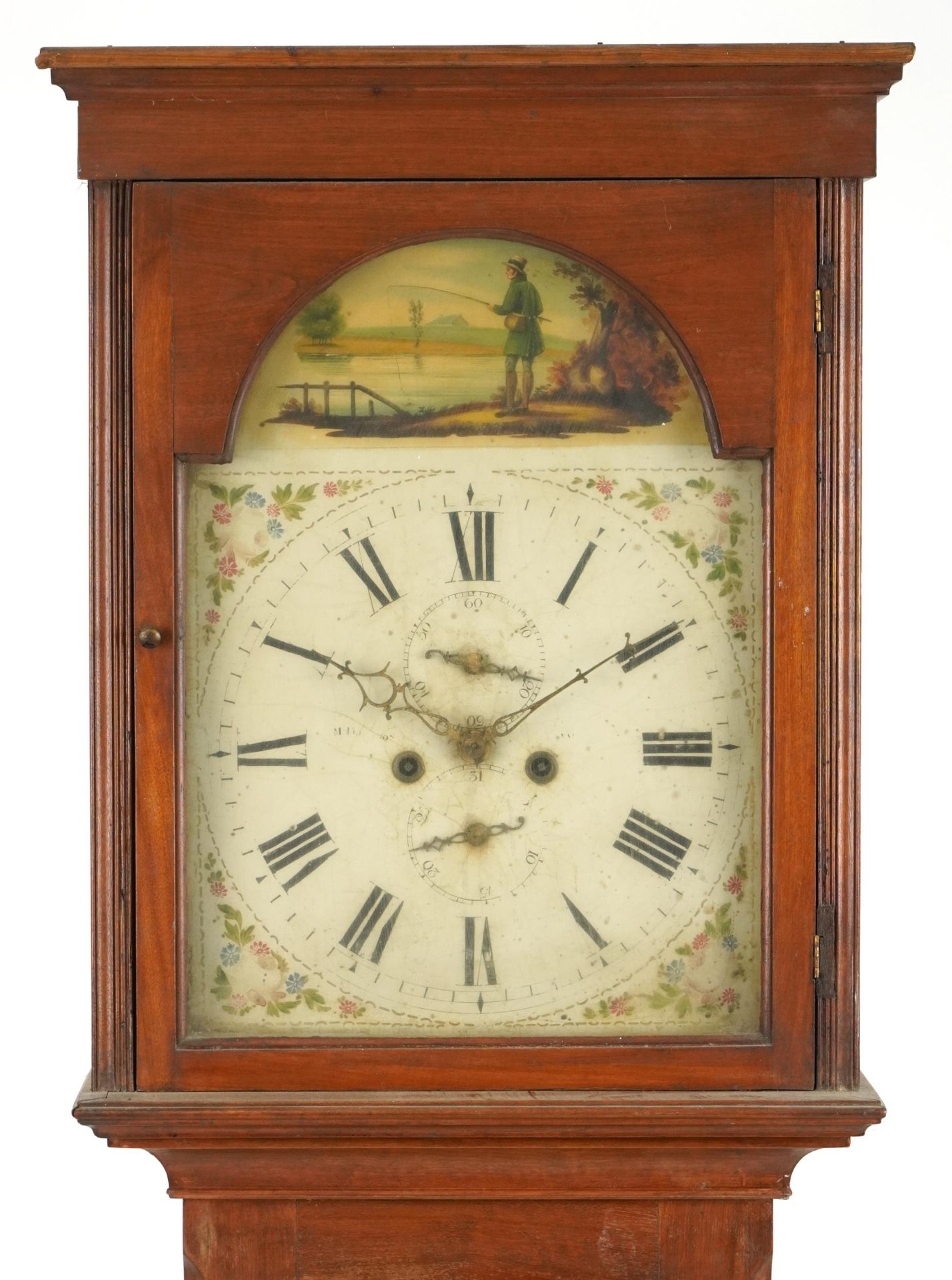 19th century mahogany longcase clock with enamelled face hand painted with a fisherman having a - Bild 2 aus 6