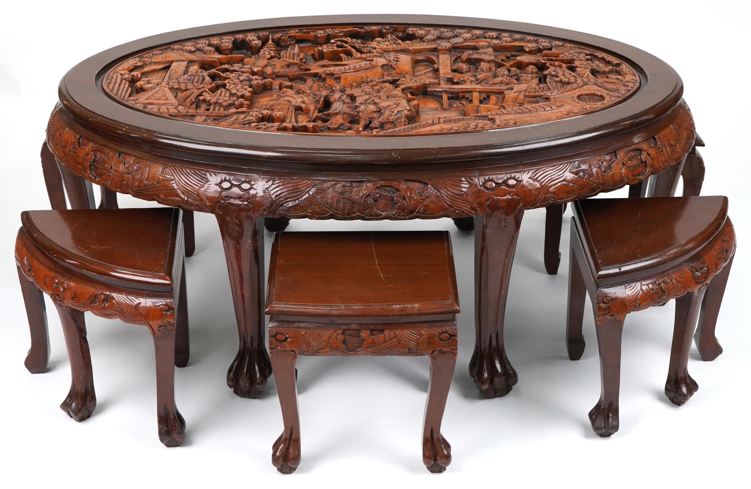 Nest of seven Chinese camphor wood occasional tables comprising an oval coffee table housing six - Image 5 of 9