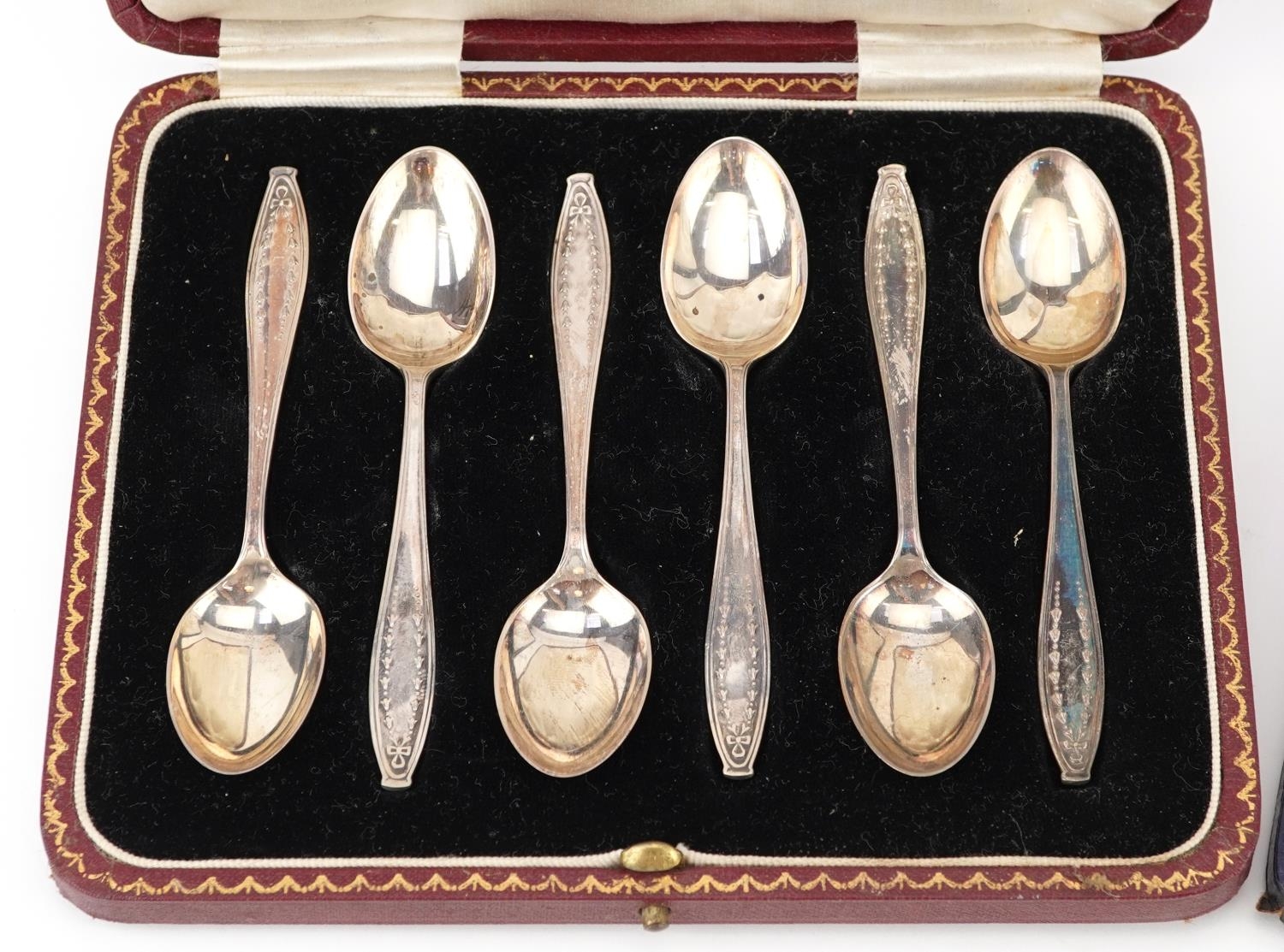 Two sets of six silver teaspoons with fitted cases including a set by Mappin & Webb, each 11cm in - Image 2 of 6