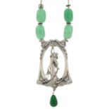 Art Nouveau style sterling silver and green jade necklace in the form of an Art Nouveau female, 40cm