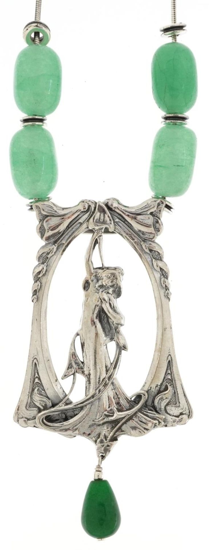 Art Nouveau style sterling silver and green jade necklace in the form of an Art Nouveau female, 40cm