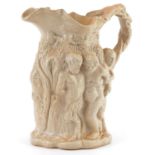 19th century salt glazed Greek mythological jug decorated in relief with Silenus & Bacchus, 22cm