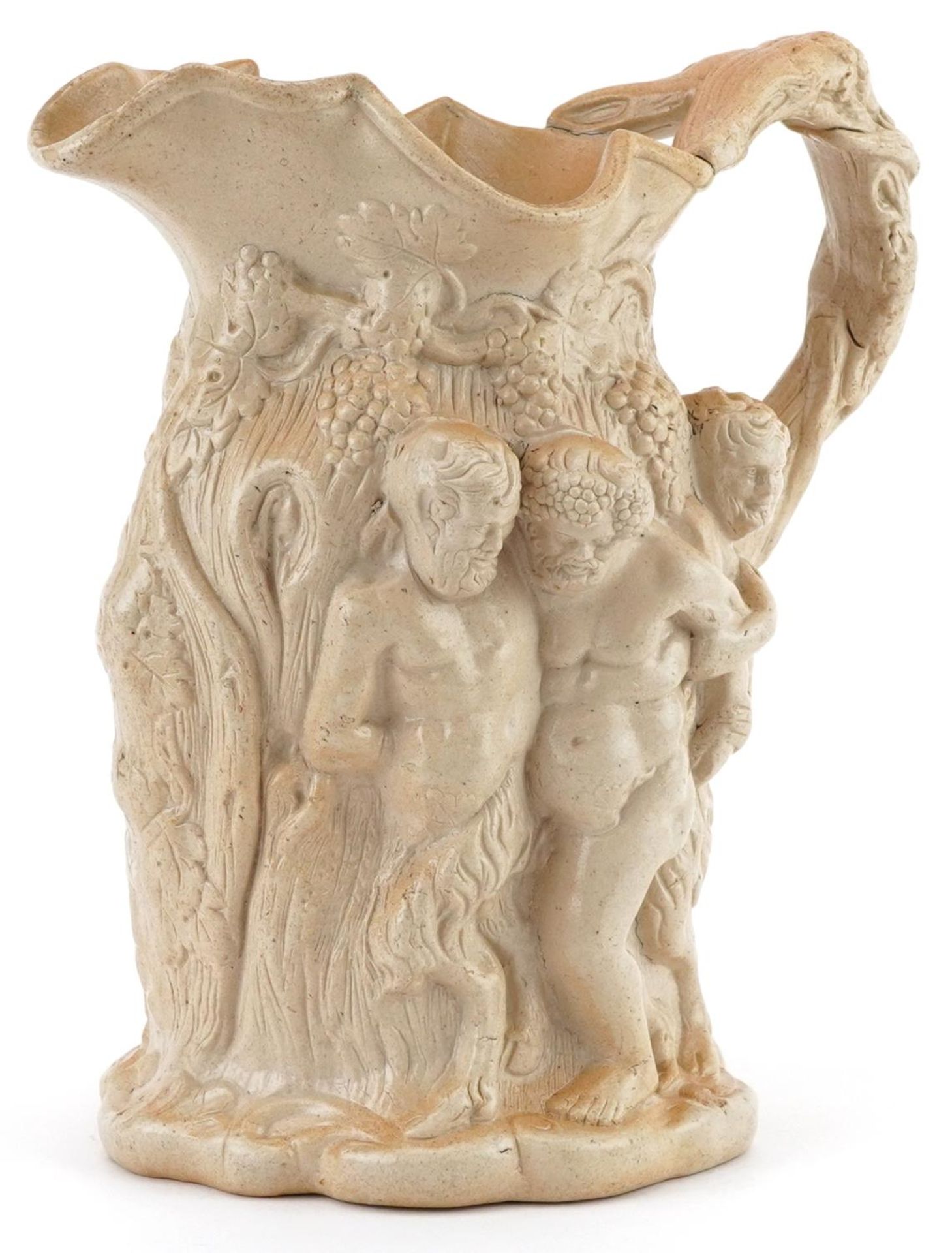 19th century salt glazed Greek mythological jug decorated in relief with Silenus & Bacchus, 22cm