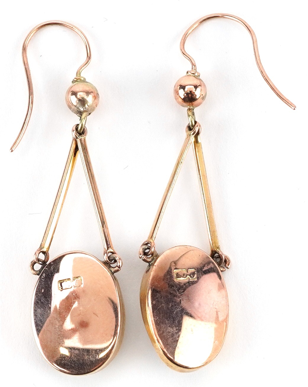 Pair of antique 9ct rose gold mother of pearl drop earrings, 4.5cm high, total 5.4g - Image 2 of 3