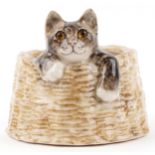 Winstanley pottery vase in the form of a cat climbing out of a basket, 17.5cm wide