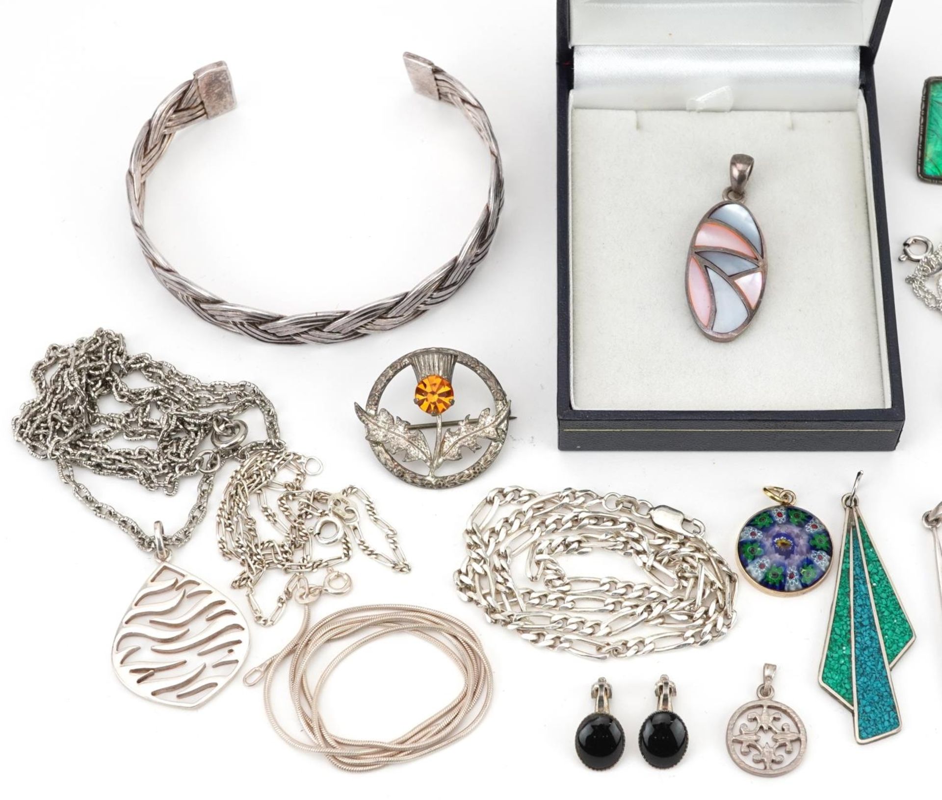 Silver and white metal jewellery including a black onyx jewellery suite, millefiori glass pendant, - Image 2 of 4