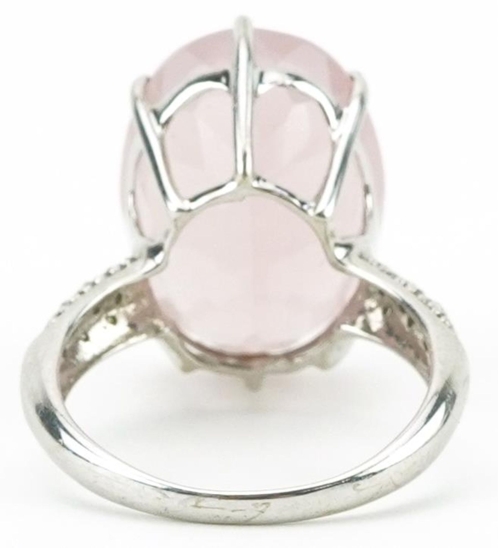 9ct white gold pink quartz ring with diamond set shoulders, the quartz approximately 17.80mm x 13. - Image 3 of 6